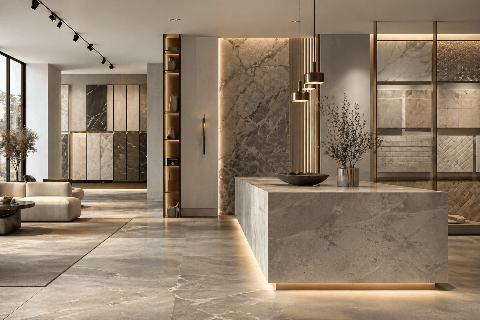 Luxury architectural interior showcasing premium stone and tile finishes